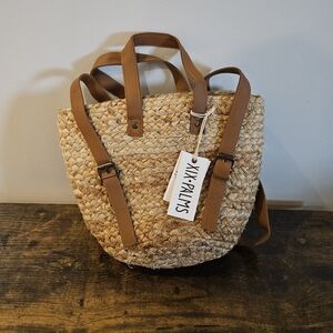 Tan Woven Backpack with Leather Accents